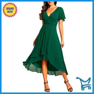 Chiffon Semi Formal Dress V Neck Ruffle Sleeves High Low Cocktail Elegant